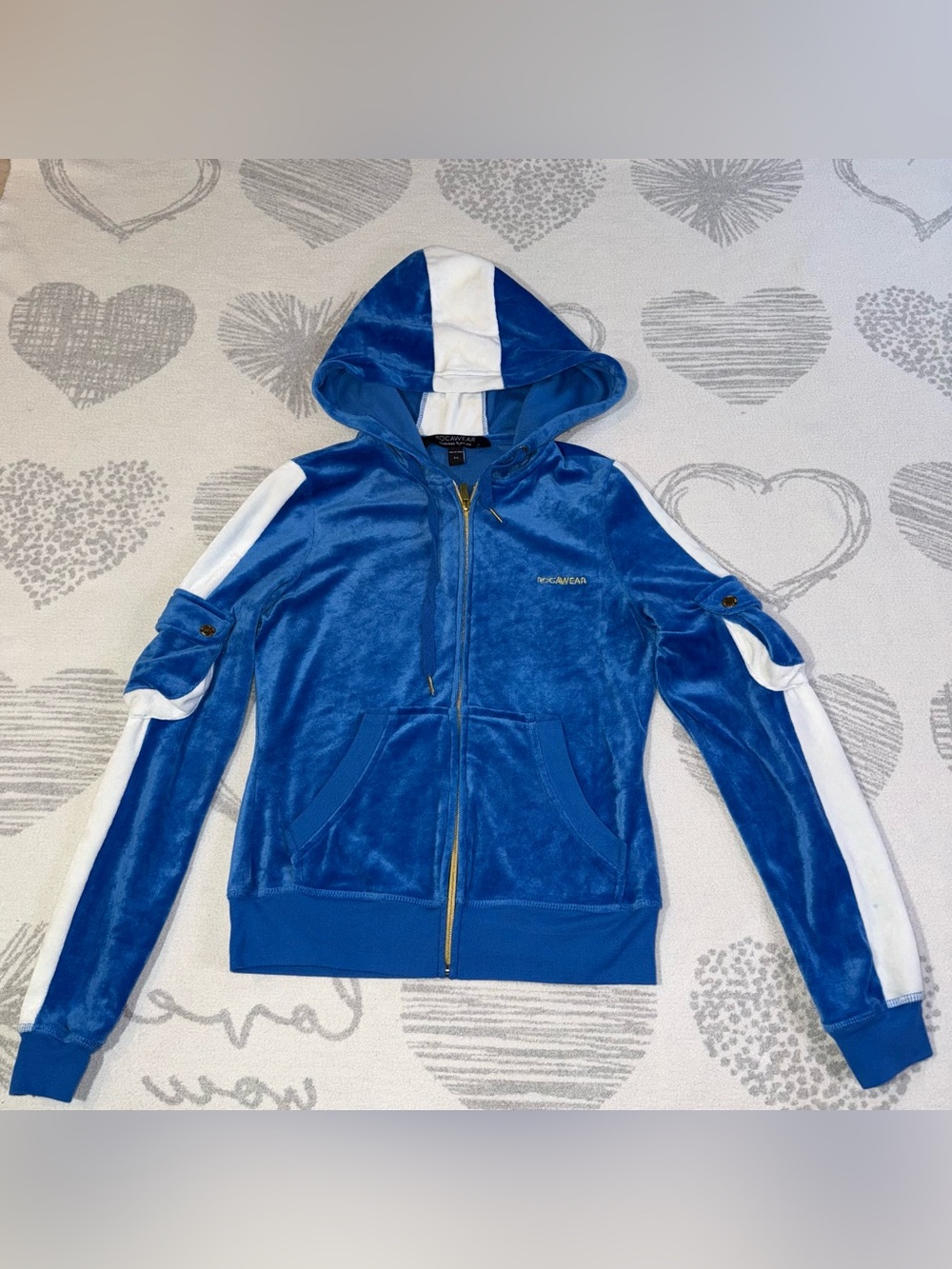 Y2K Rocawear Blue Velour Zip Hoodie with White Stripes